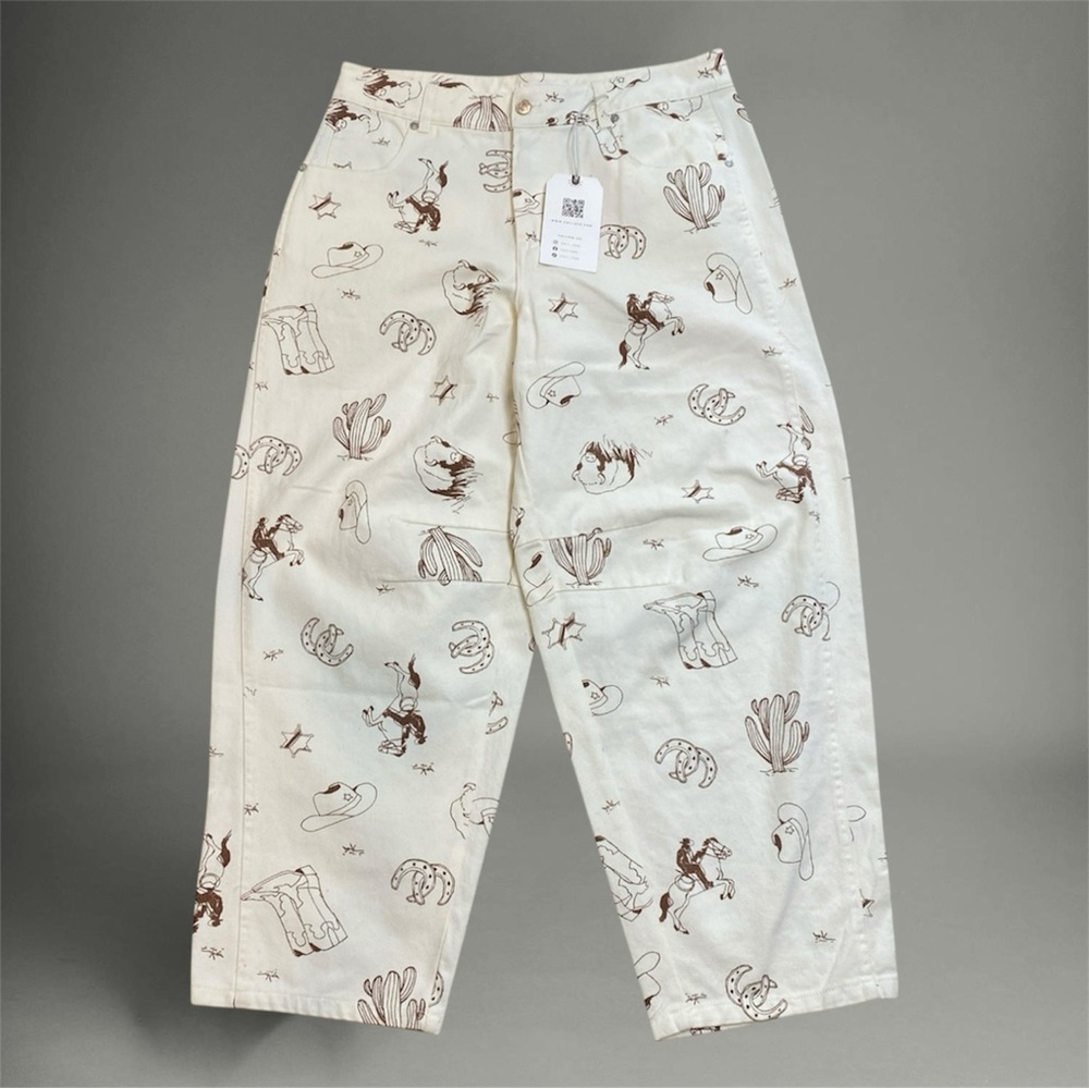 Cali 1850 Western All Over Printed Barrel Jeans Pants - Ivory/Brown, Size11 NEW